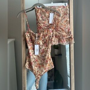 NWT Sage The Label Floral Two Piece Set Enchanted Bodysuit And Mini Skirt Small